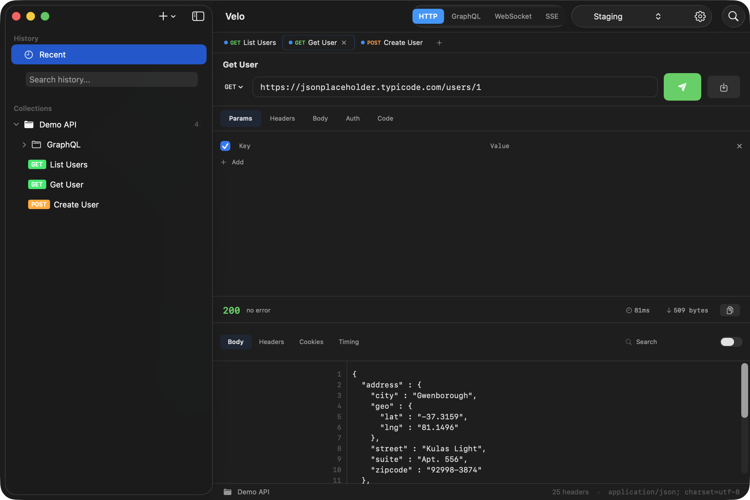 Velo native macOS API client screenshot showing HTTP request builder